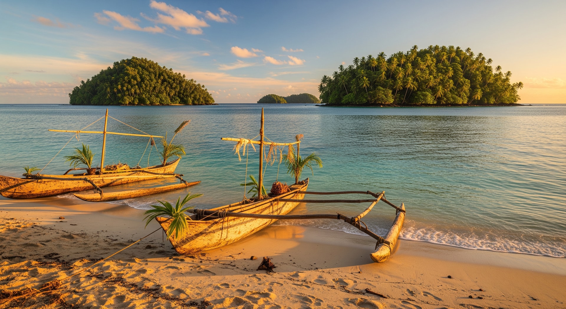 Solomon Islands tropical coastline with traditional canoes and lush green islands in the Pacific Ocean