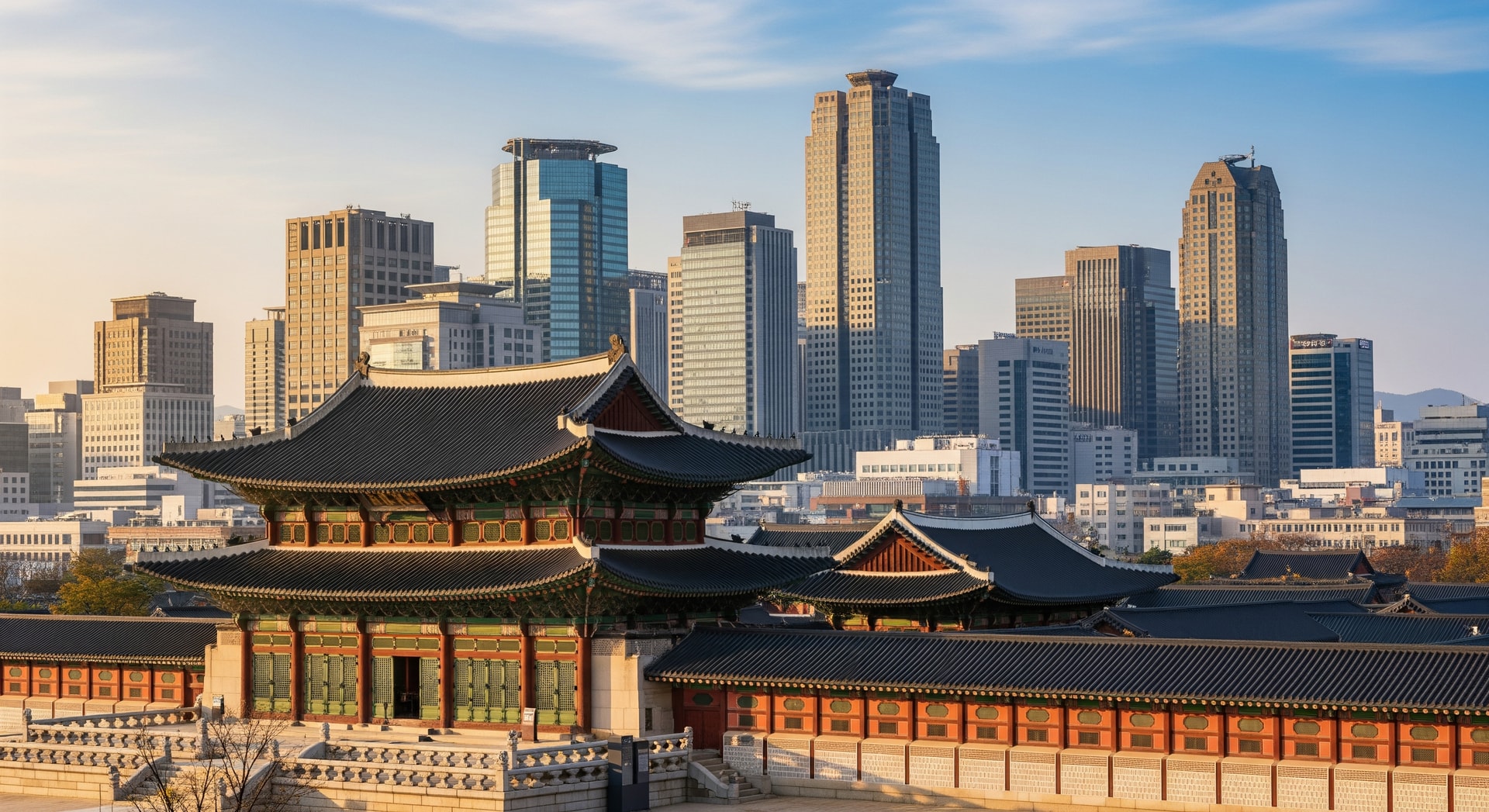 Seoul cityscape with Gyeongbokgung Palace and modern skyscrapers representing South Korea's blend of tradition and innovation