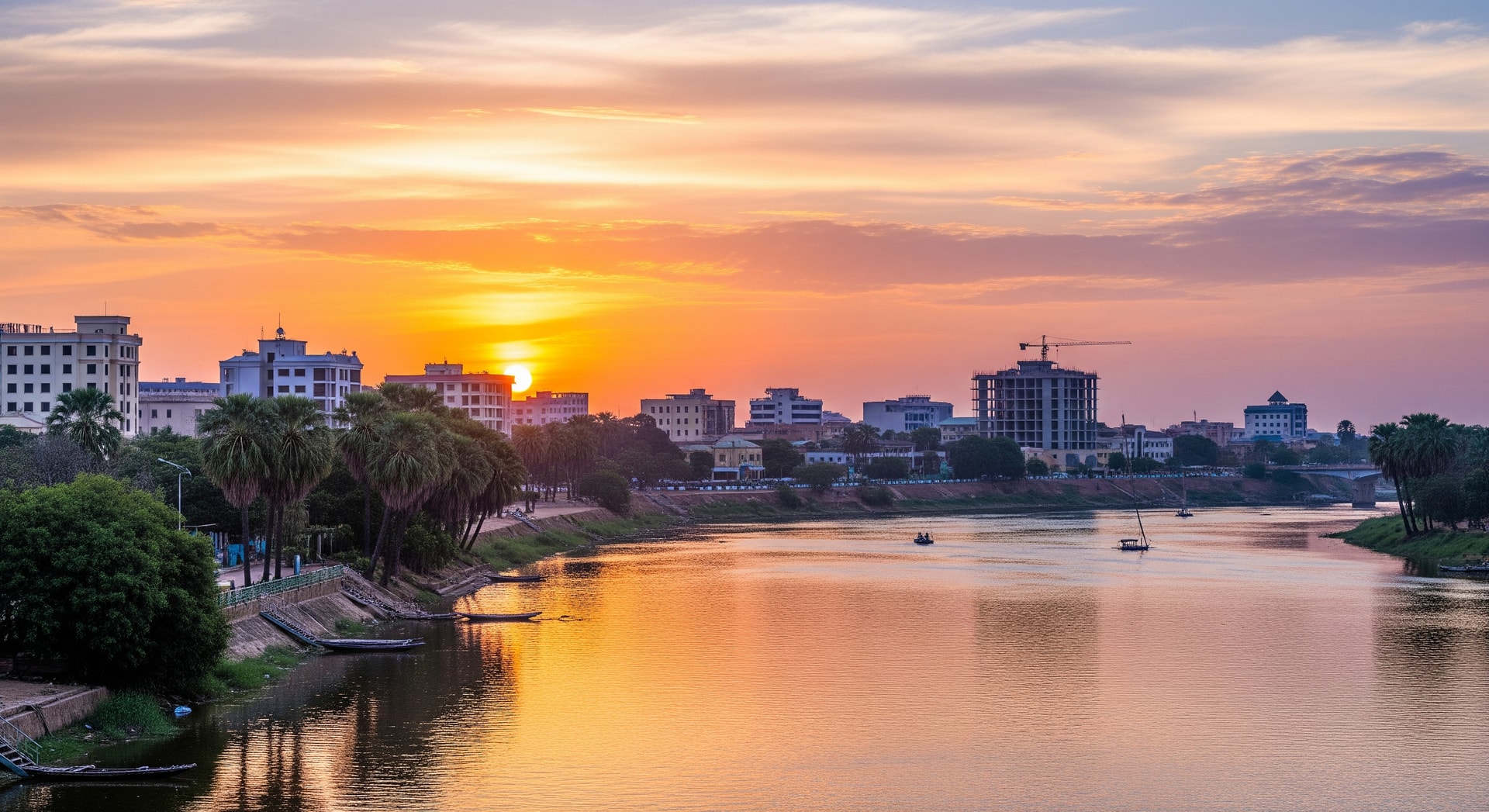 The River Nile flowing through Juba, South Sudan at sunset, with the city skyline and palm trees visible along the riverbank representing the world's youngest nation