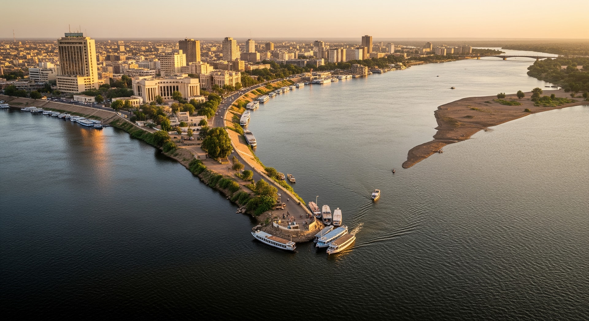 The confluence of the Blue Nile and White Nile at Khartoum, Sudan, representing the country's historic capital and administrative centre