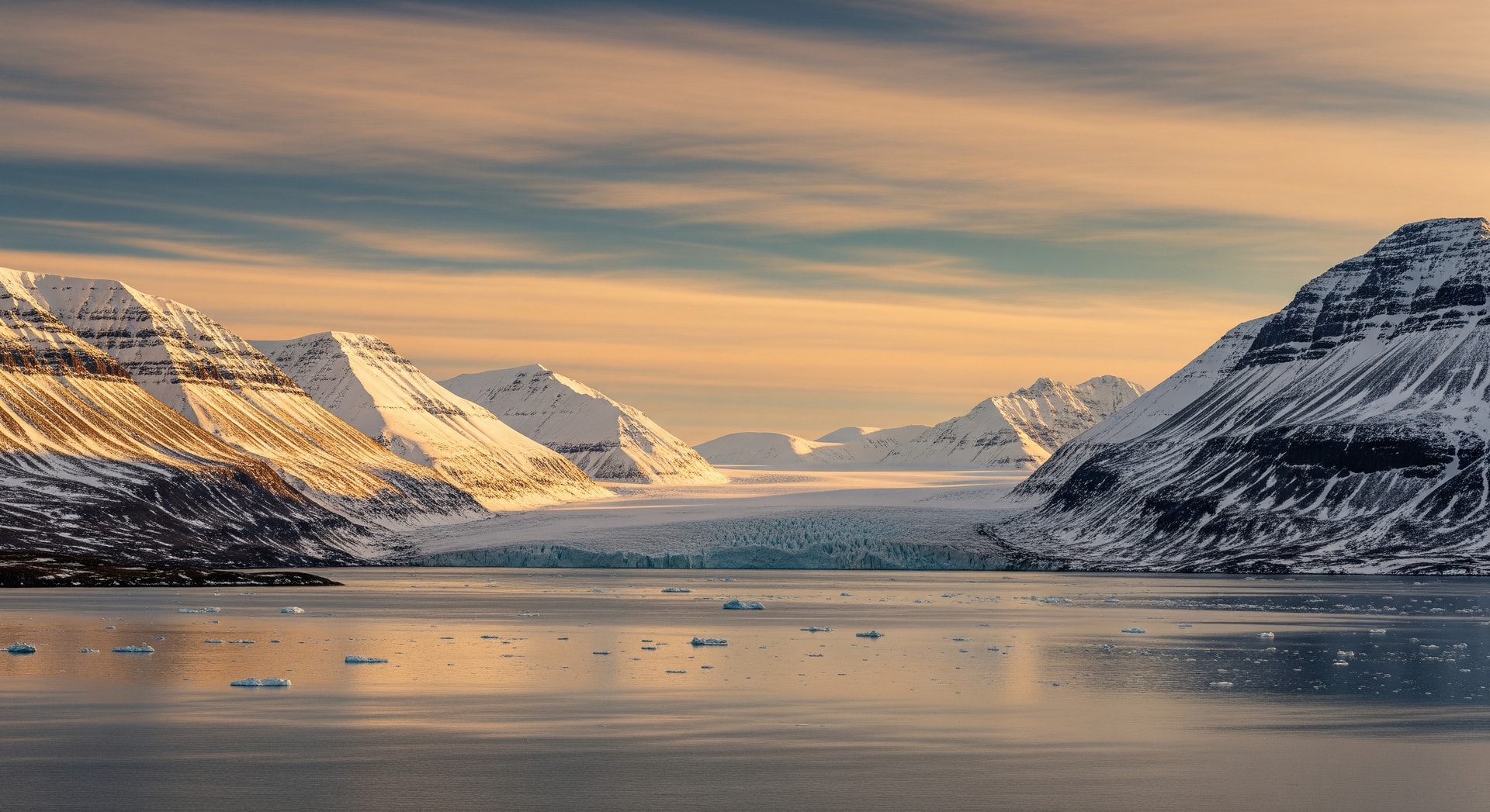 Arctic landscape of Svalbard with glaciers and mountain peaks representing the Norwegian archipelago governed under the Svalbard Treaty of 1920