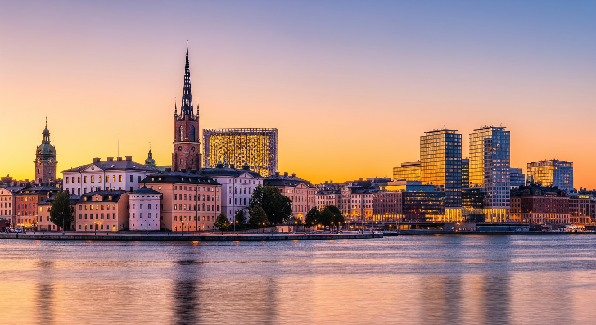 Stockholm waterfront skyline with Gamla Stan old town and Riddarholmen church at sunset representing Sweden's historic and modern institutions