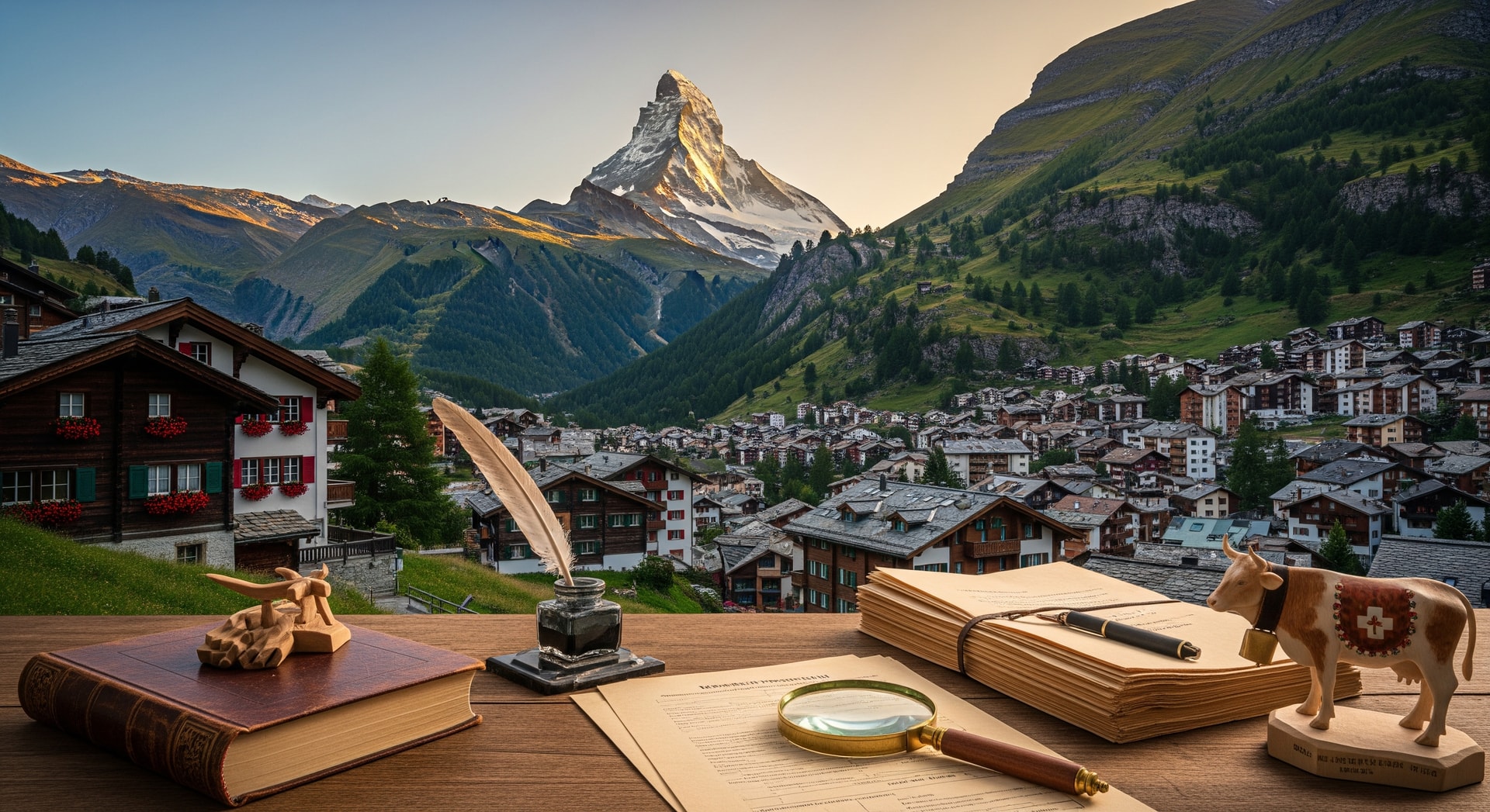 Swiss Alpine landscape with the Matterhorn and a traditional village representing Switzerland's multilingual cultural heritage and institutional precision