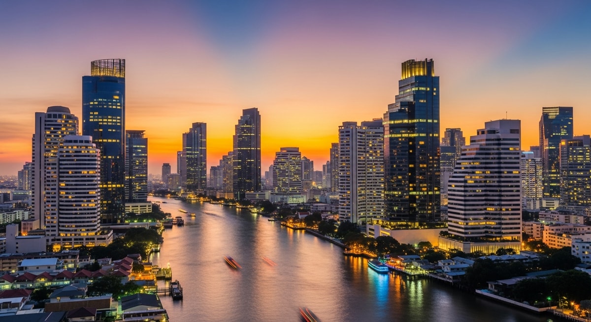 Modern Bangkok business district skyline at dusk with illuminated office towers reflecting Thailand's growing corporate landscape