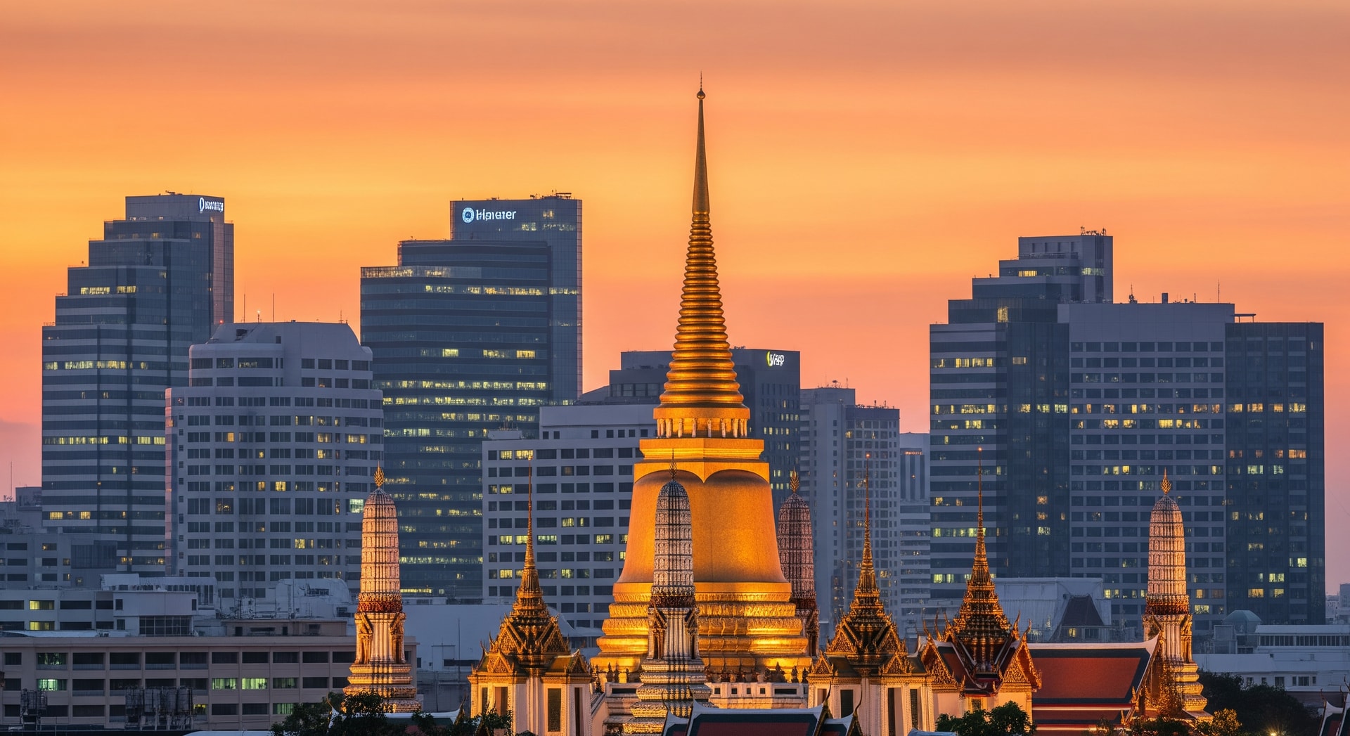 Traditional Thai temple spires rising above Bangkok skyline with modern office buildings in the background representing the blend of tradition and business