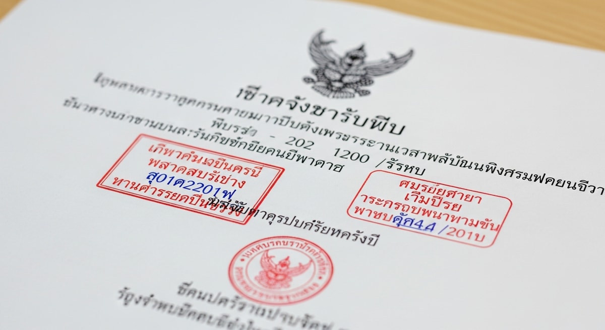 Close-up of an official Thai government document showing Thai script text alongside official stamps and seals