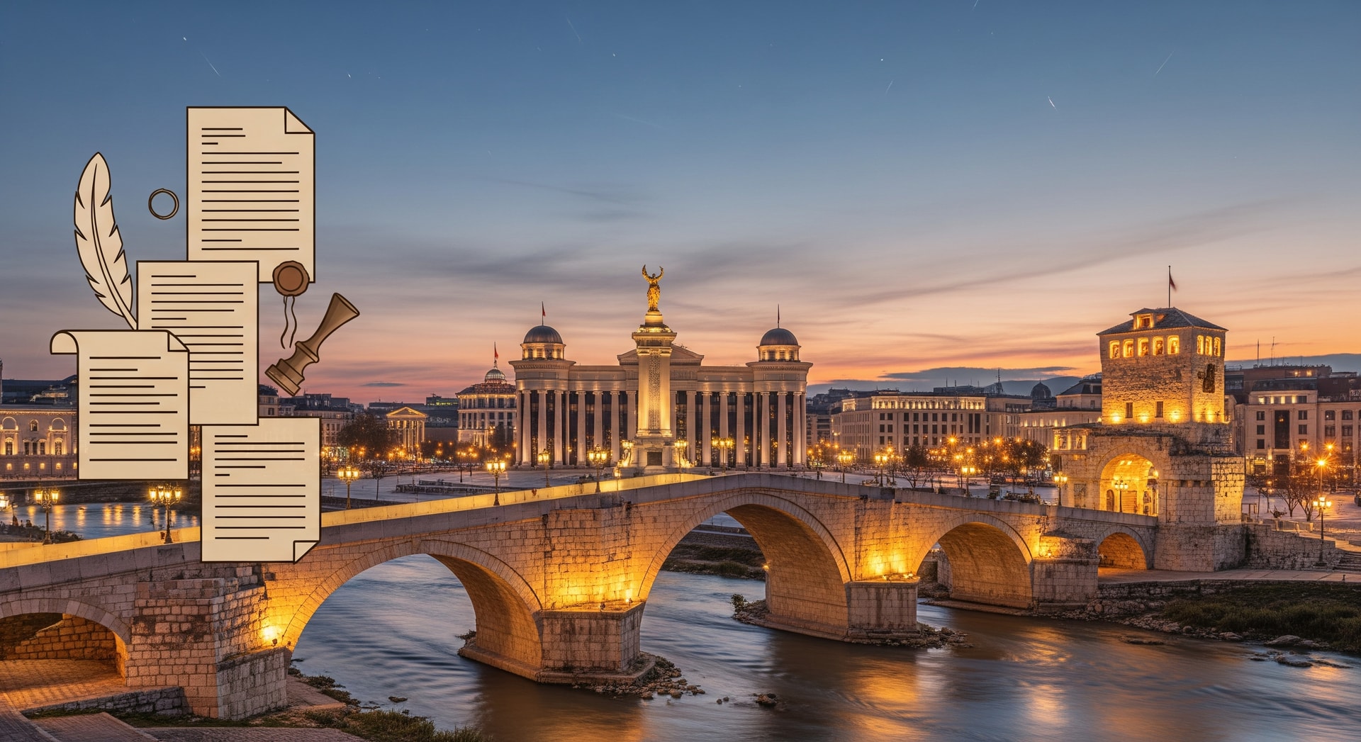 Panoramic view of Skopje, North Macedonia with the Stone Bridge and Macedonia Square, representing certified Macedonian document translation services