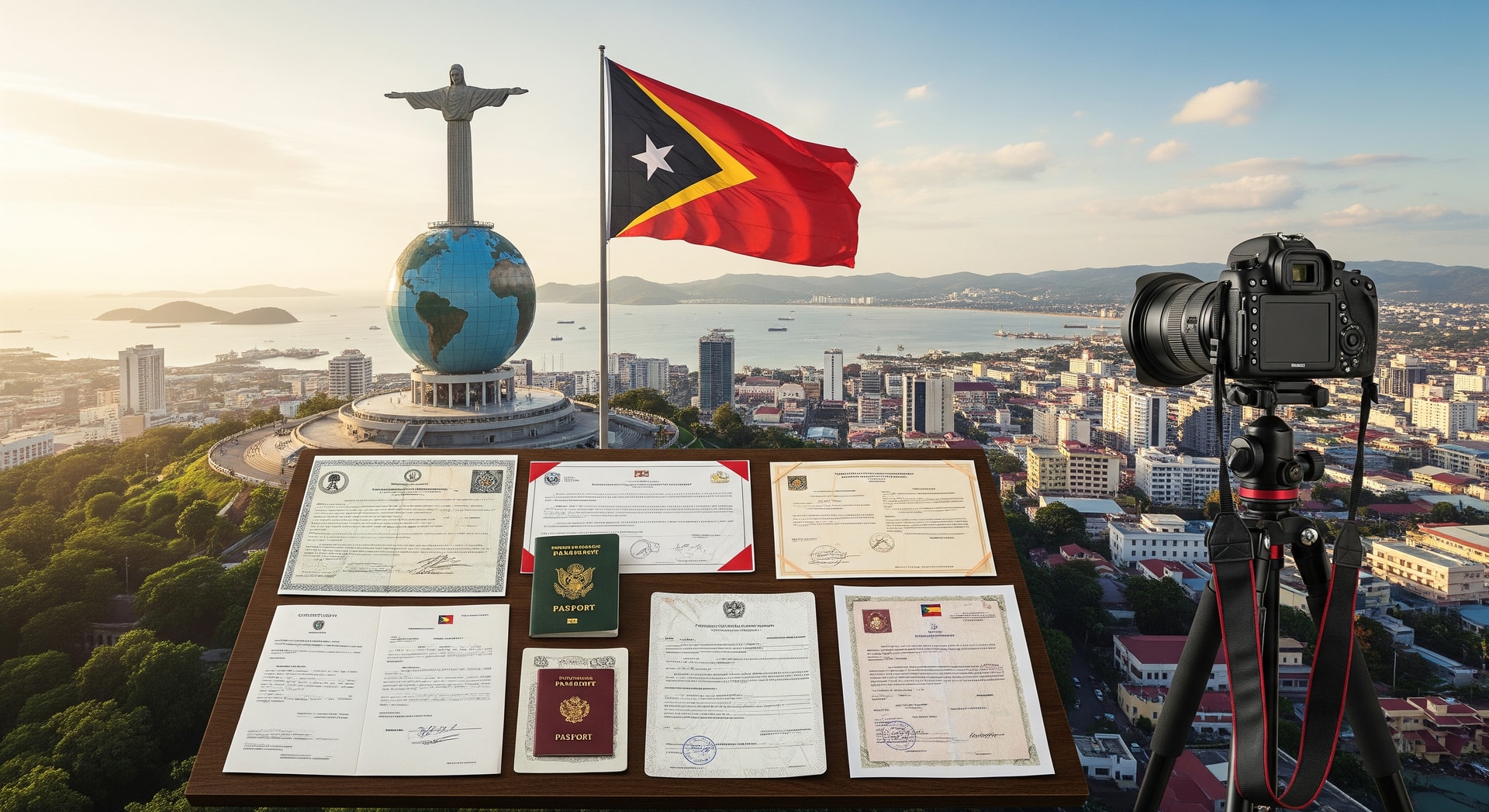 Dili cityscape with Timor-Leste flag and Cristo Rei statue, representing certified translation services for Timorese documents