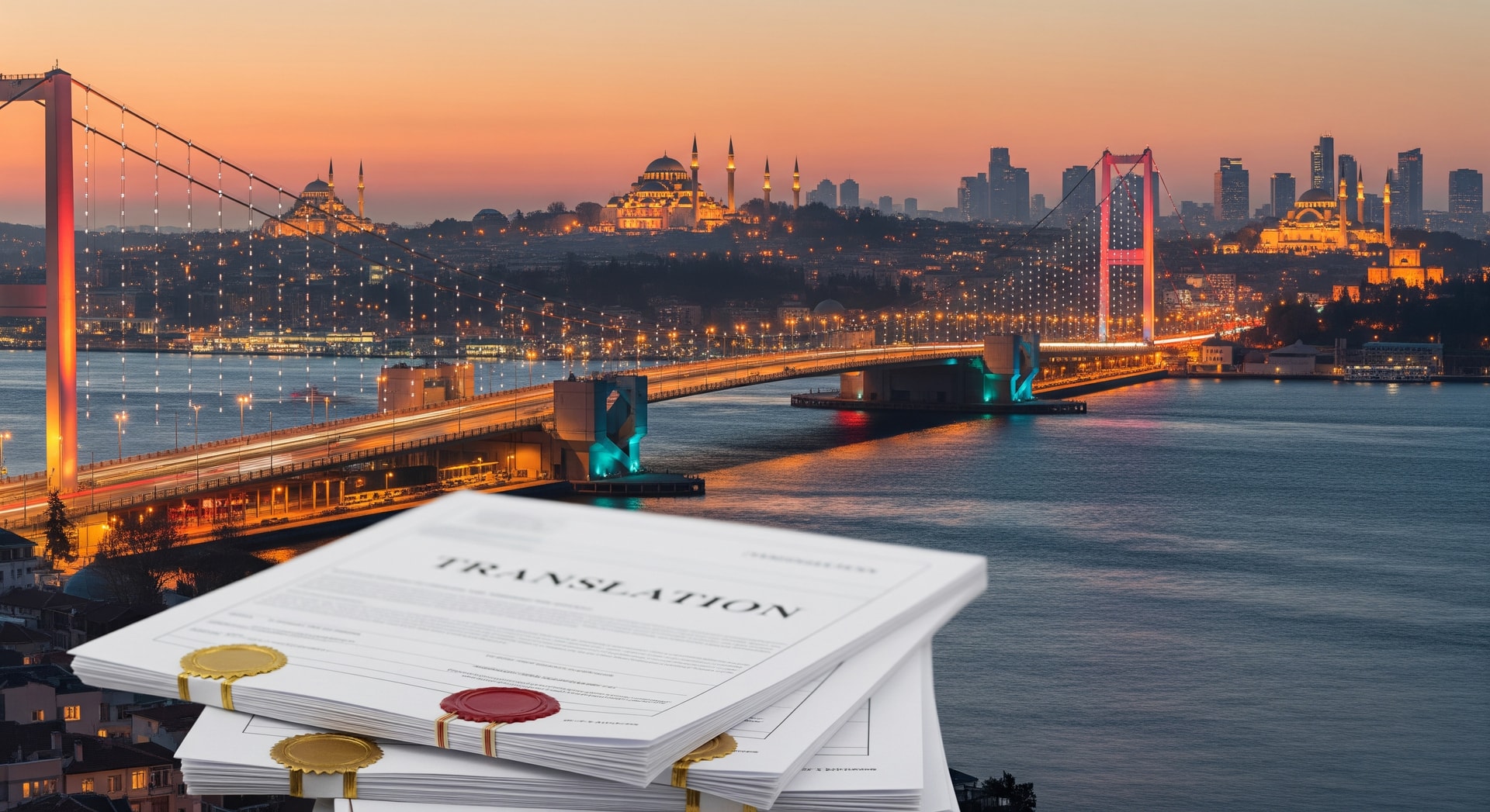 Istanbul skyline with the Bosphorus Bridge and historic mosques representing Turkey's position between Europe and Asia