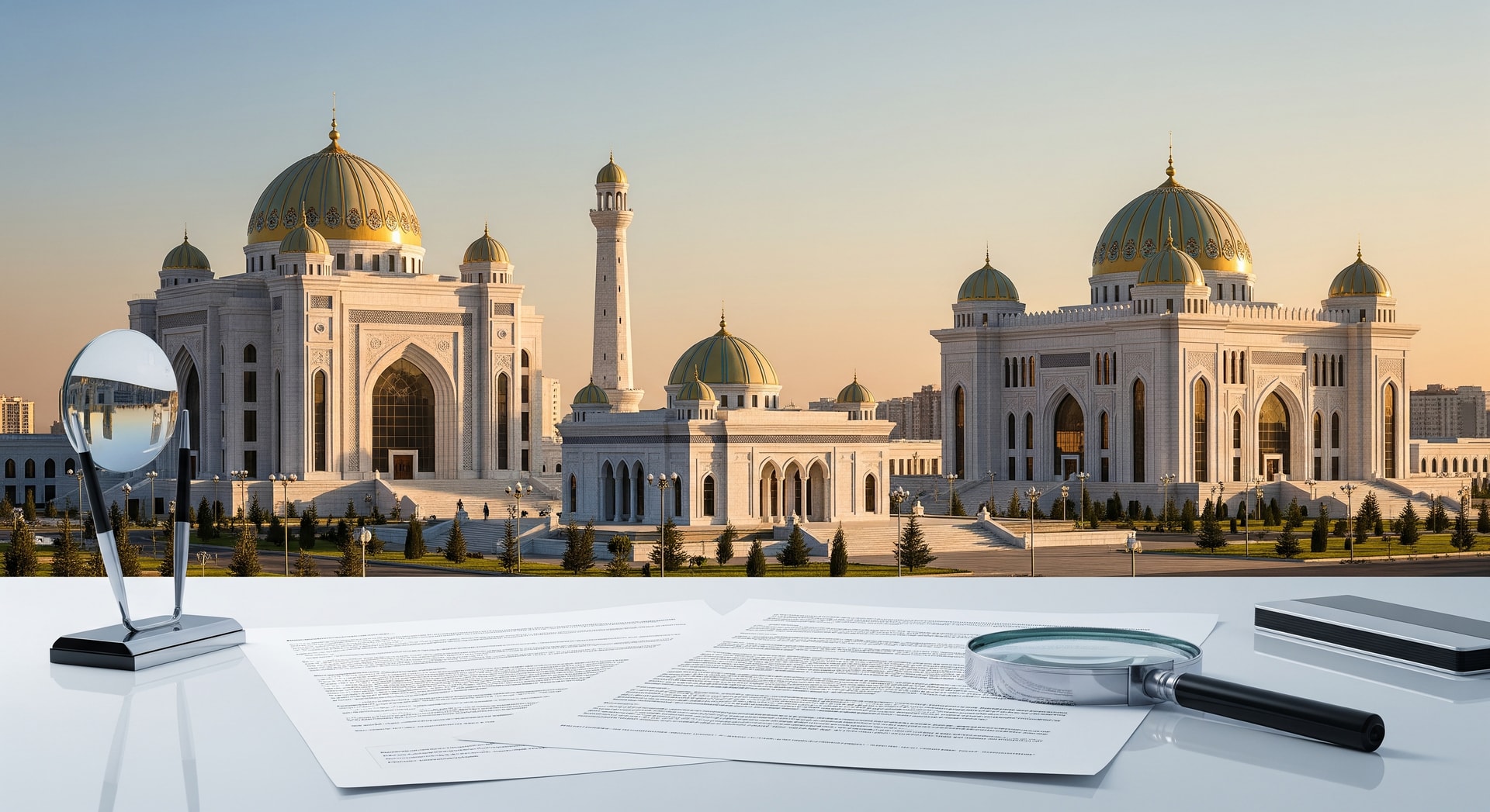 Ashgabat skyline with white marble architecture representing Turkmenistan's administrative center where document authentication is processed
