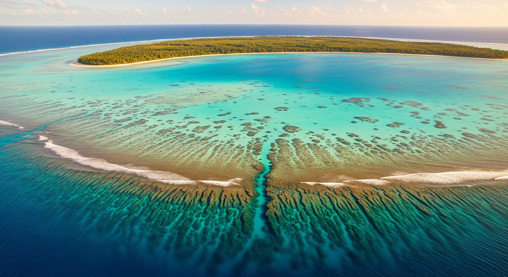Tuvalu atoll from above showing coral reef, turquoise lagoon, and low-lying Pacific island terrain