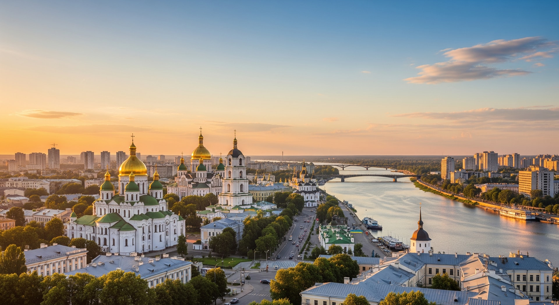 Panoramic view of Kyiv with the golden domes of Saint Sophia Cathedral and the Dnipro River representing Ukraine's cultural and administrative heritage
