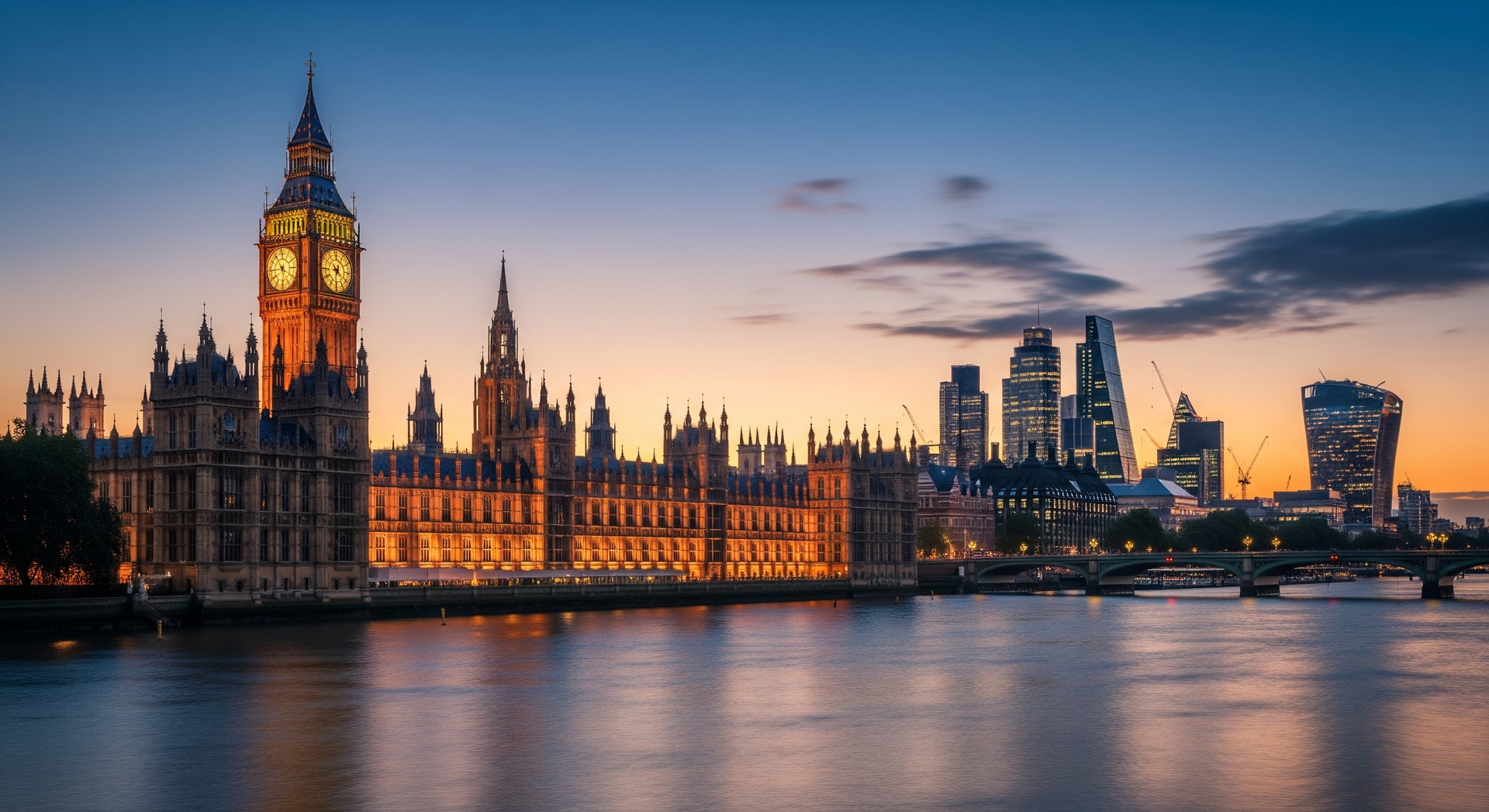 London skyline with Big Ben and the Houses of Parliament along the River Thames representing the United Kingdom's institutional heritage