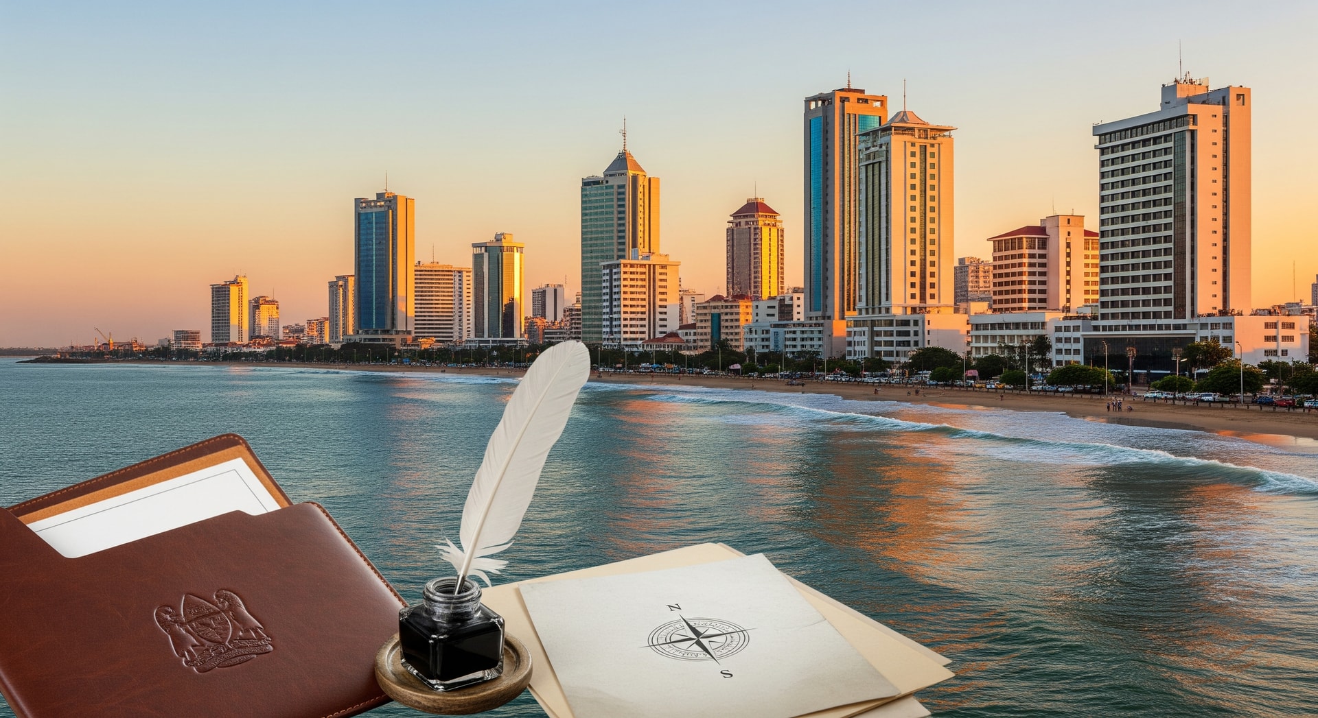 Dar es Salaam waterfront skyline with modern buildings and the Indian Ocean coastline representing contemporary Tanzania