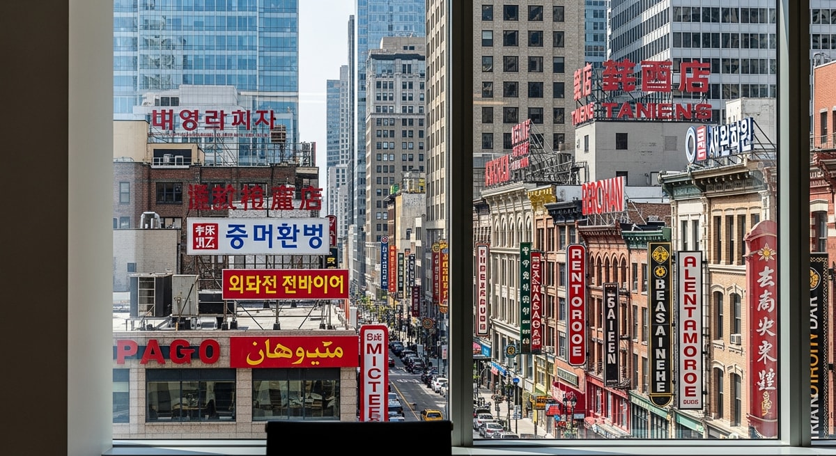 Diverse American cityscape with multilingual signage representing the linguistic diversity of the United States population