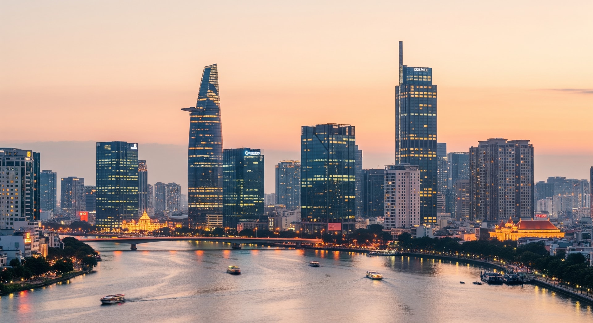 Panoramic view of Ho Chi Minh City skyline at dusk with the Saigon River and modern skyscrapers representing Vietnam's dynamic growth and institutional landscape