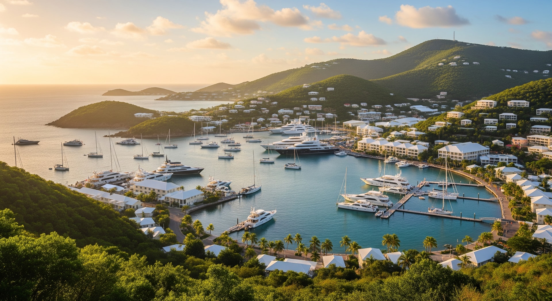 Road Town harbour and verdant hills of Tortola representing the British Virgin Islands, a leading global offshore financial centre