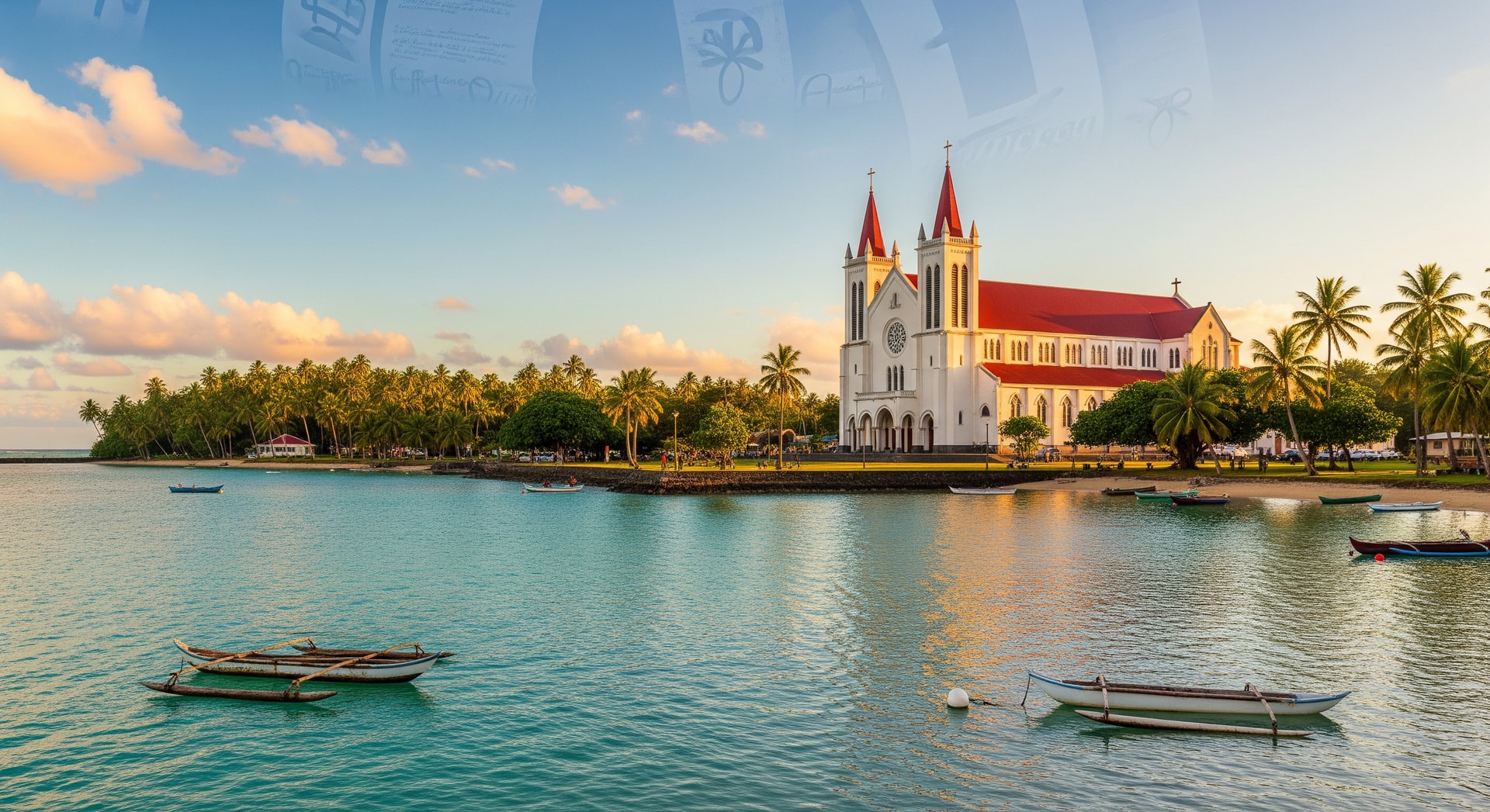 Mata-Utu lagoon and Catholic cathedral on Wallis Island representing the French overseas collectivity of Wallis and Futuna in the central Pacific