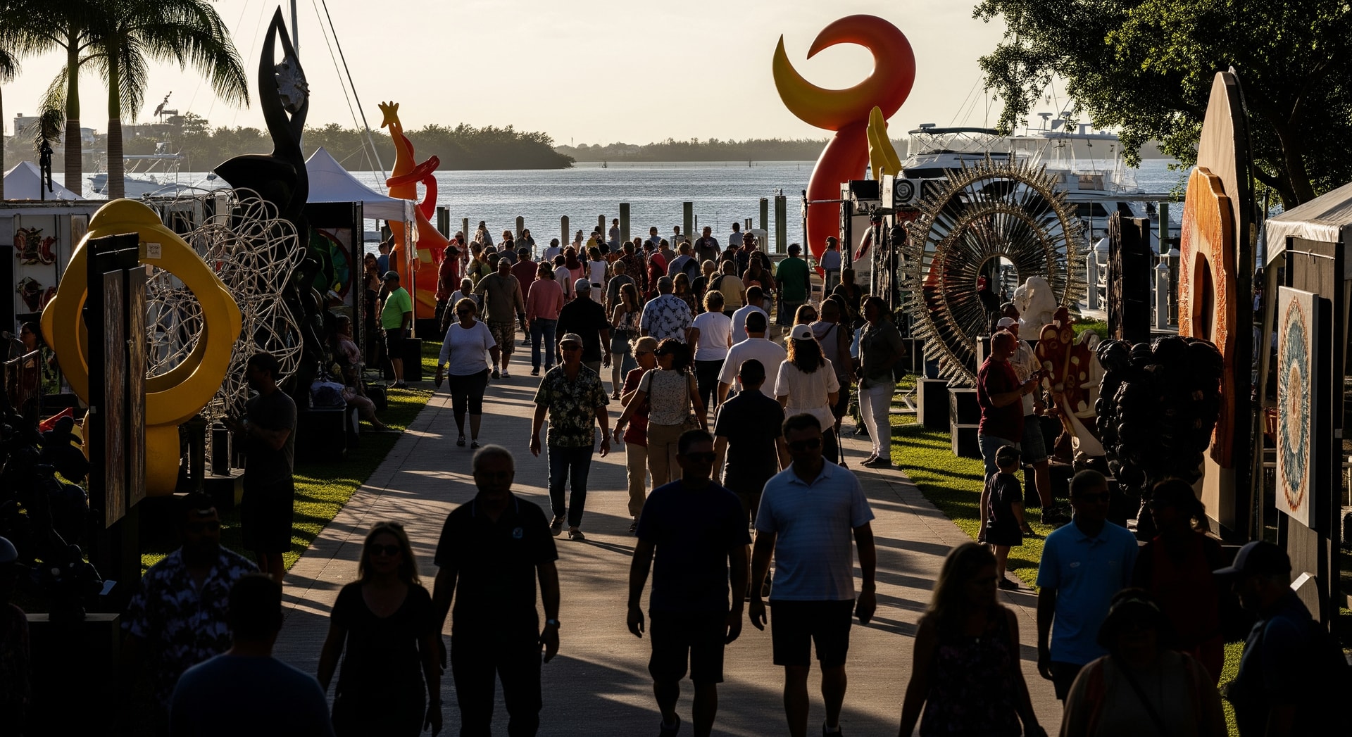 Crowds enjoying outdoor art displays along the Fort Myers riverfront at ArtFest