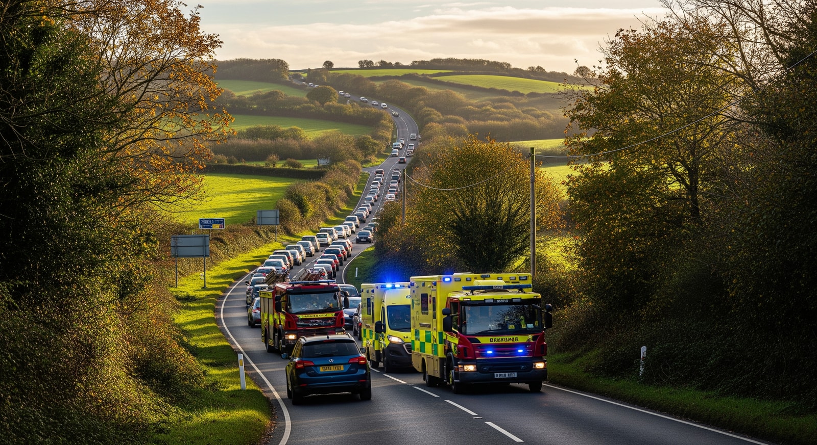 Emergency vehicles and traffic congestion on rural A-road near St Austell