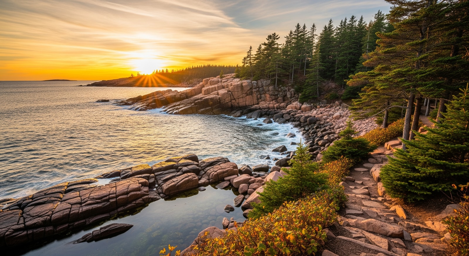 Sunset over rocky coast and forested trails at Acadia National Park, showing peaceful shorelines and walking paths for digital detox visitors