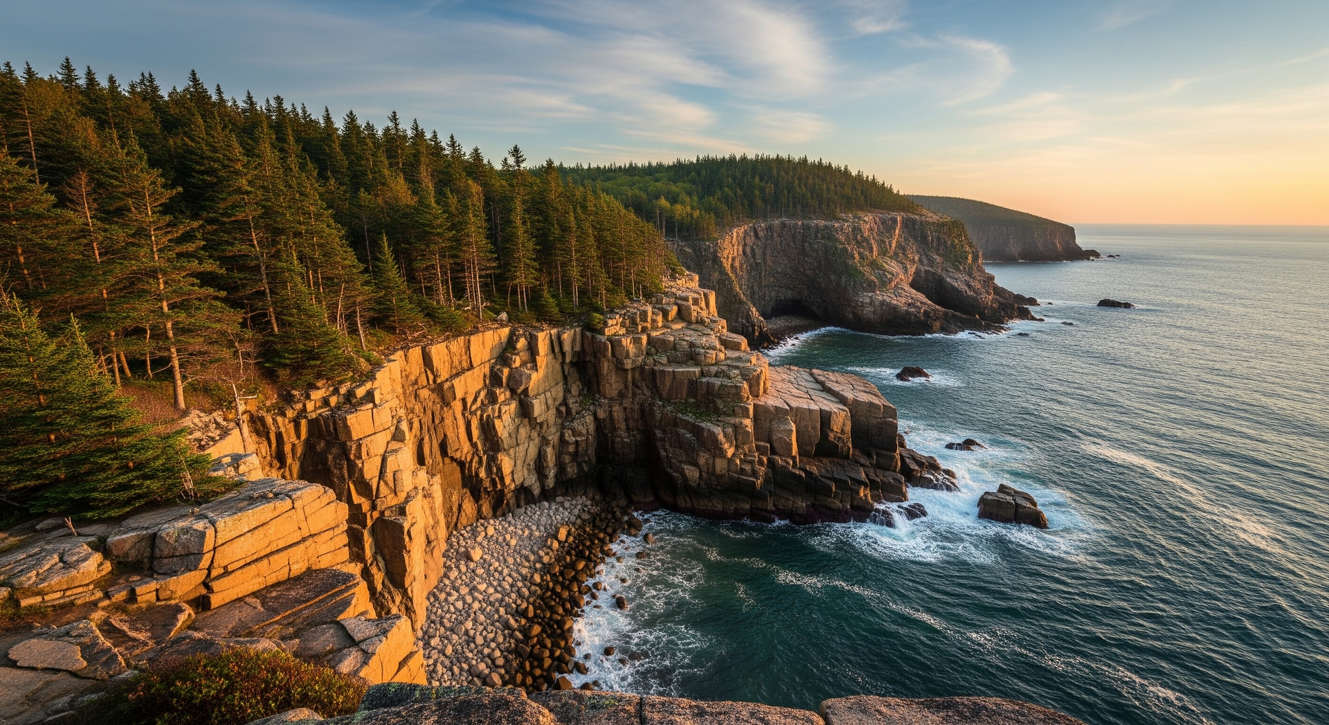Coastal cliffs and forested trails at Acadia National Park, ideal for digital detox and peaceful escapes