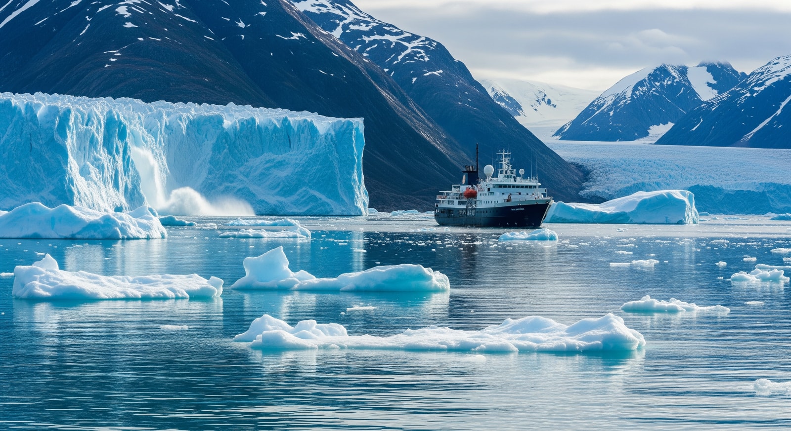 Expedition ship approaching a Greenland fjord with glaciers and ice in Arctic waters