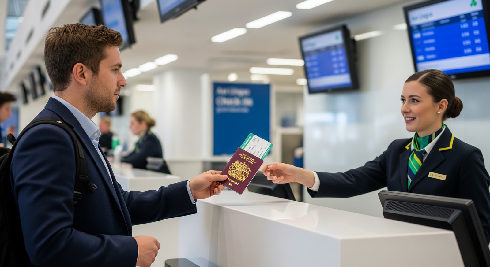 Passenger presenting passport at airport check-in for an Aer Lingus flight between the UK and Ireland
