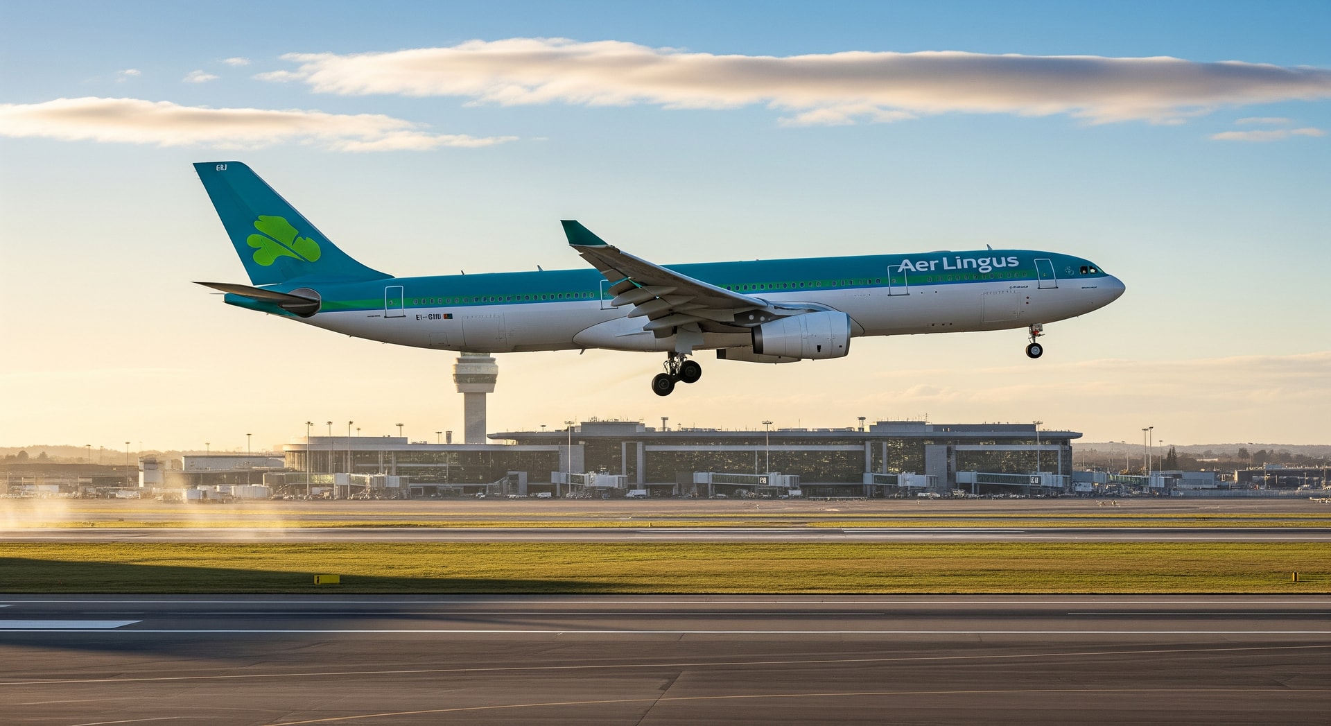 Aer Lingus aircraft over Dublin airport, illustrating transatlantic operations to Washington Dulles