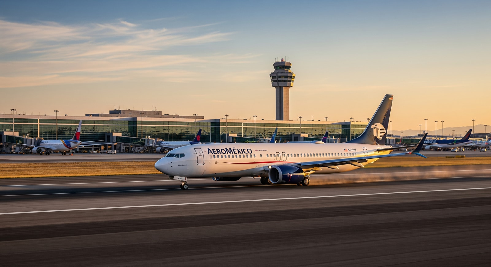 Aeroméxico plane taxiing on the runway with airport terminal in the background