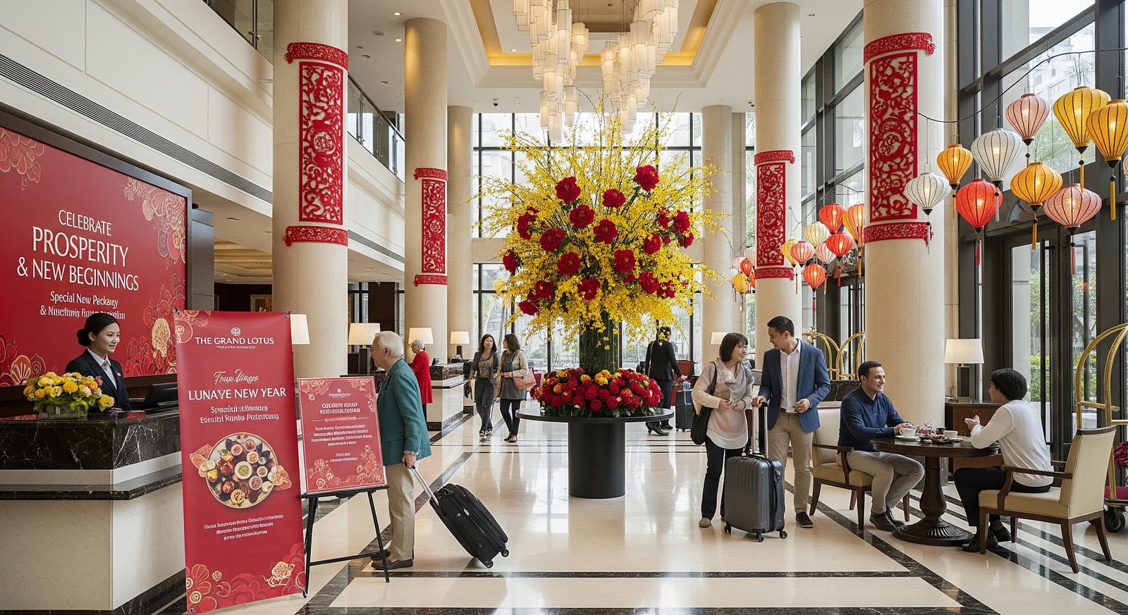 Hotel lobby decorated for Lunar New Year showing promotional signage and guests checking in