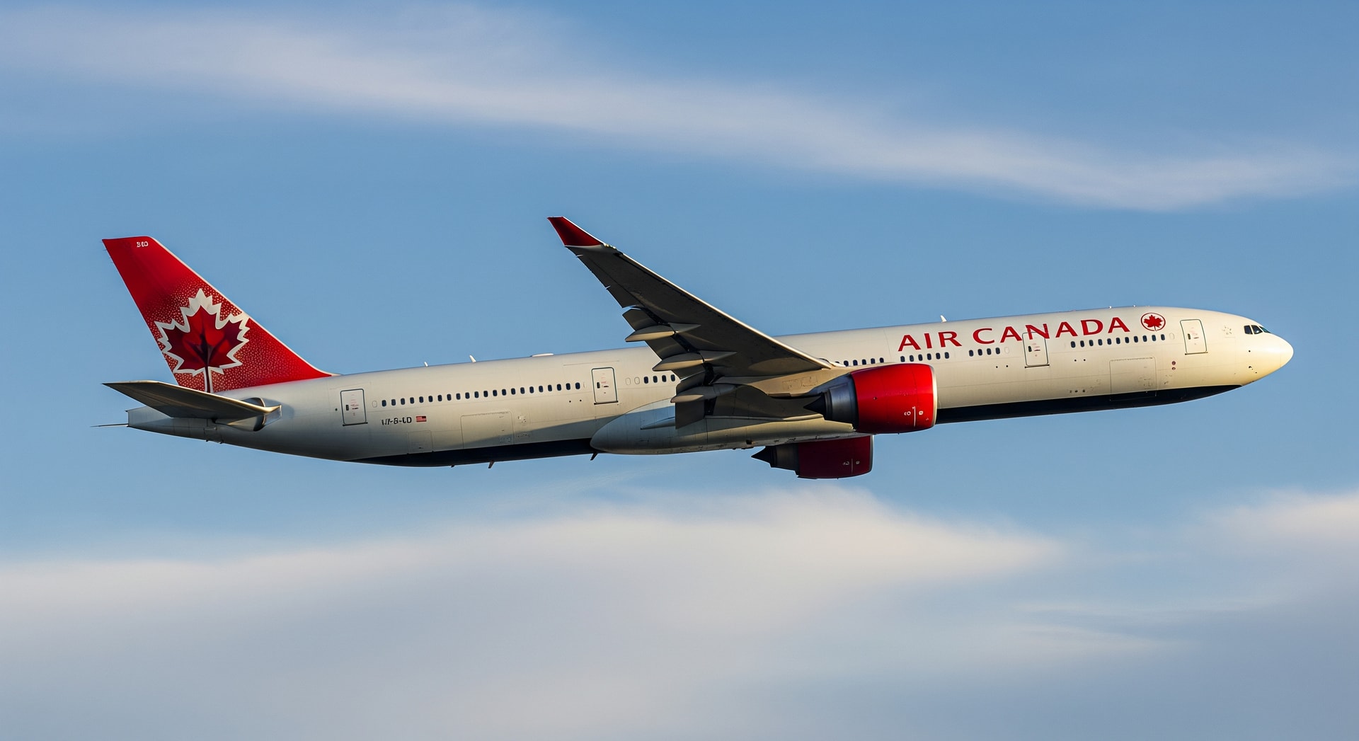 Air Canada livery on widebody aircraft against a clear sky