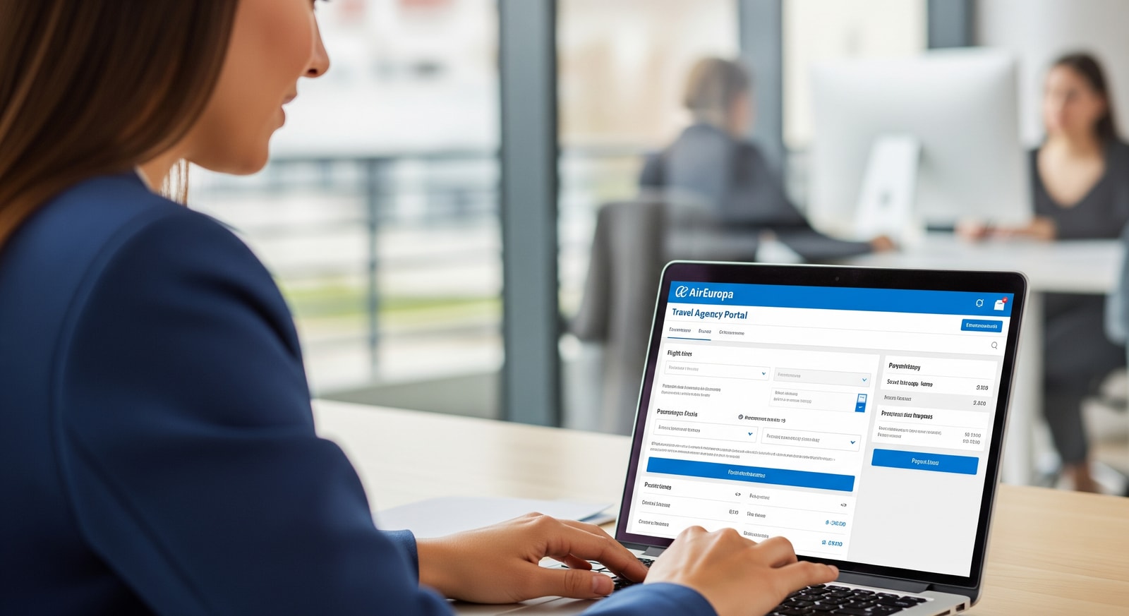Travel agent using Air Europa Travel Agency Portal on a laptop with booking and ancillary options visible