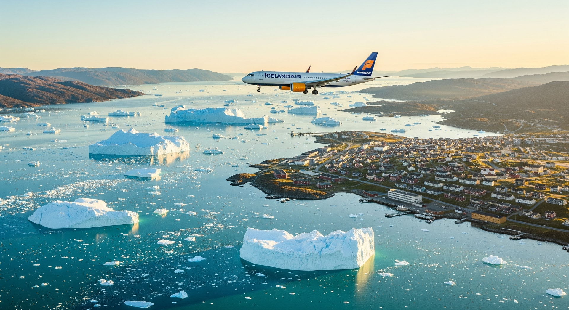 Aerial view of Ilulissat Icefjord and town with aircraft approach — direct flights between Copenhagen and Ilulissat