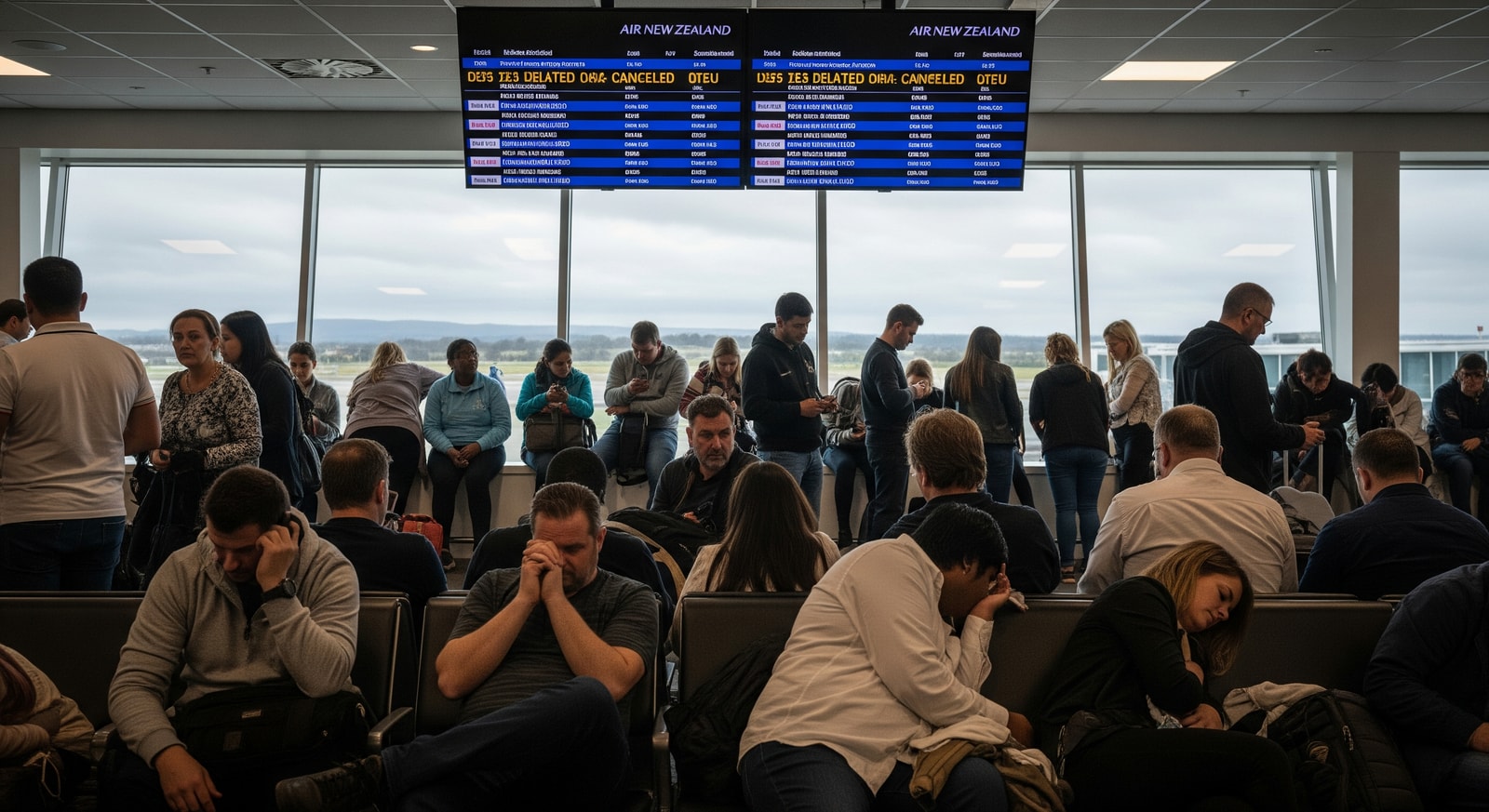 Passengers at an airport departure lounge affected by Air New Zealand flight cancellations and delays