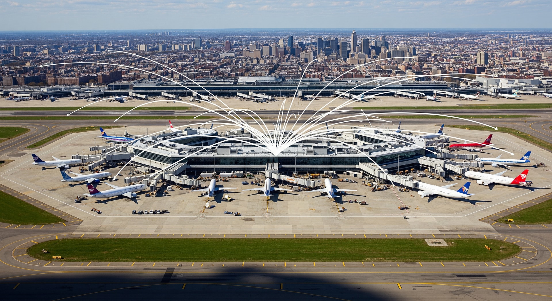 An aerial view of New York City airport terminals representing new flight routes from JFK, Newark and LaGuardia