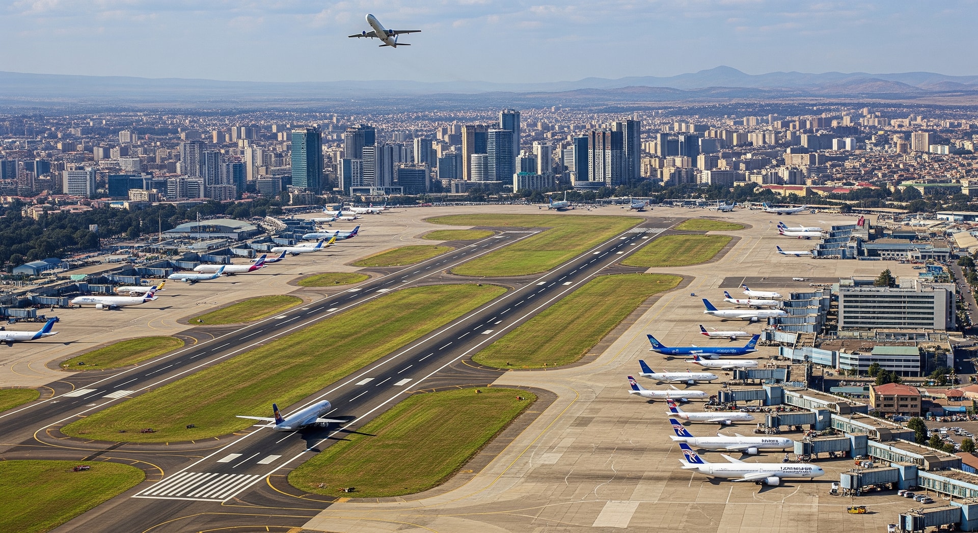 Aerial view of Addis Ababa skyline with Bole International Airport runways, illustrating rising air traffic and tourism
