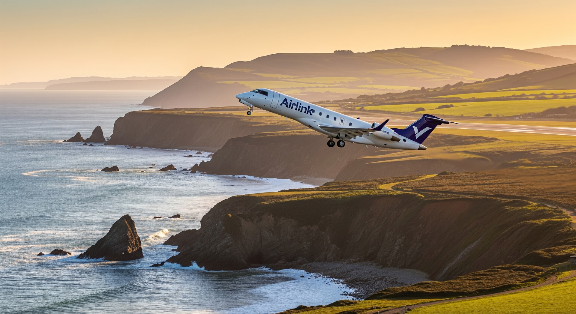 Airlink regional jet taking off with a coastal landscape in the background