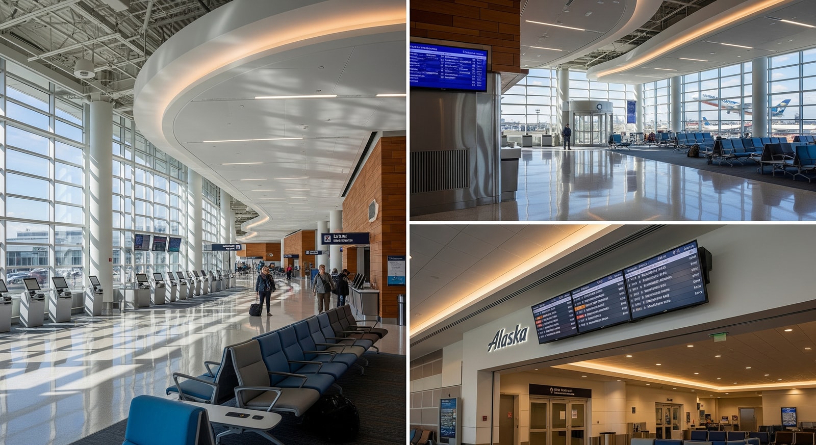 Airport terminal upgrades and Alaska Airlines gate area indicating infrastructure investments