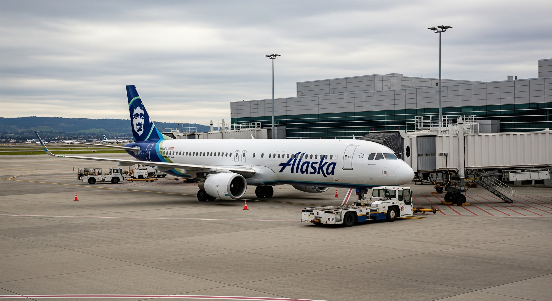 An Alaska Airlines jet at a busy airport terminal near modernized gates