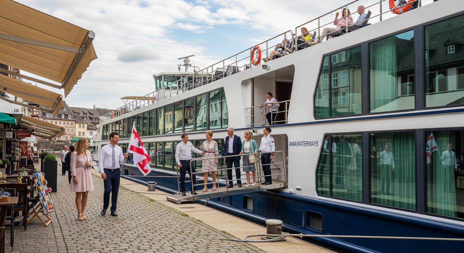 AmaWaterways river cruise ship docked at a port, illustrating the cruise line’s focus on guest experience and operations