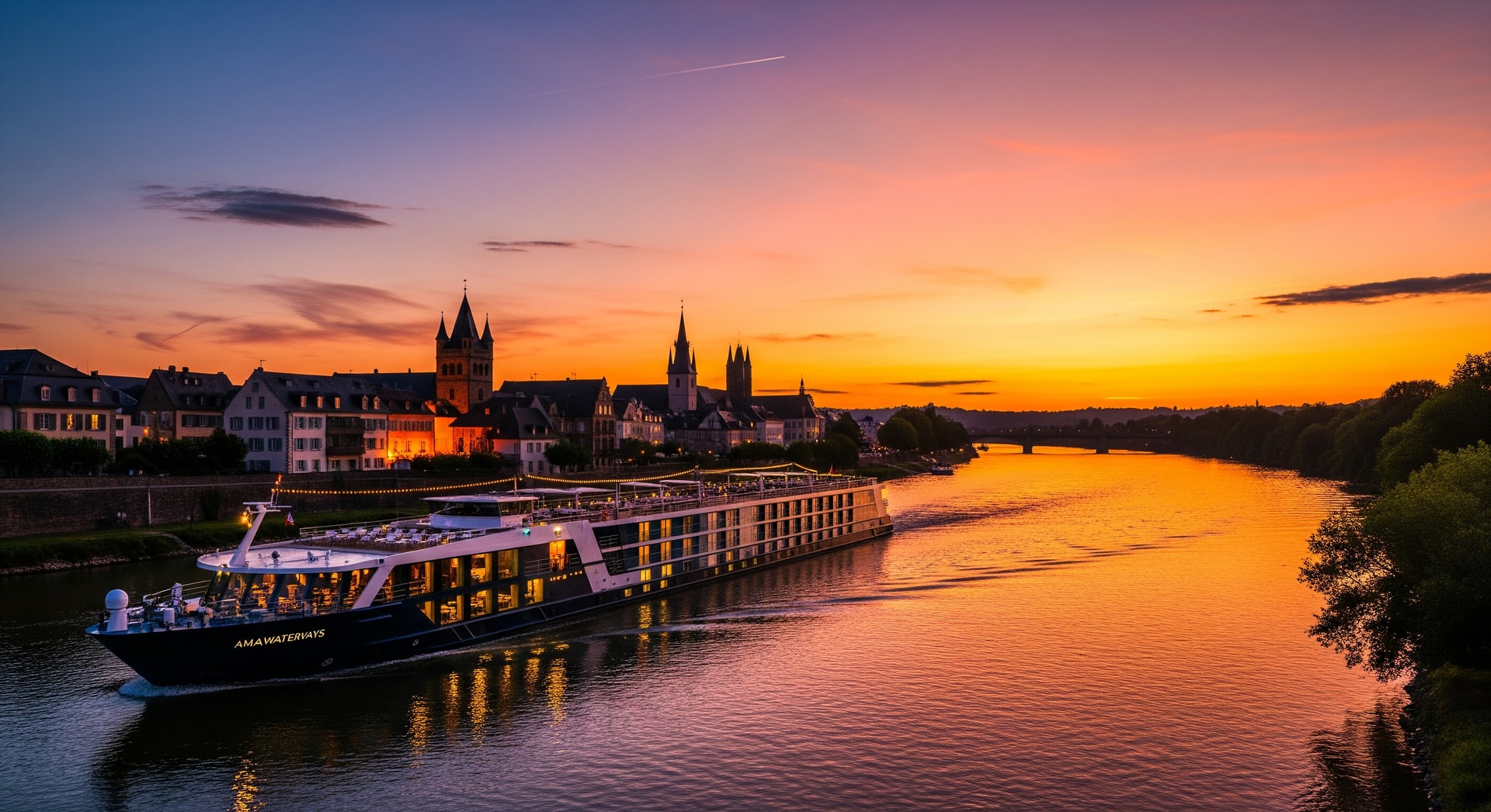 AmaWaterways river cruise ship sailing on a European river at sunset