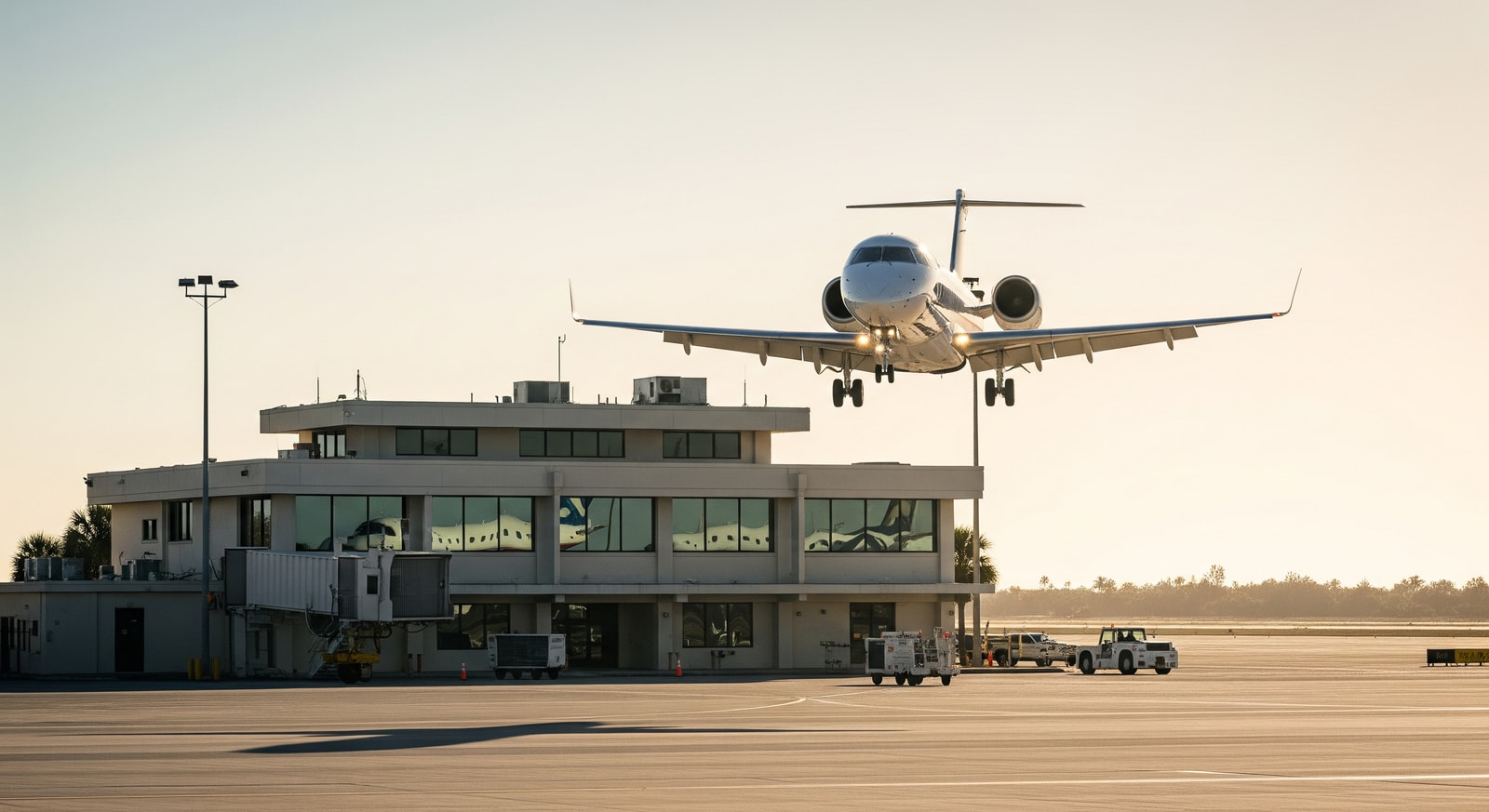 Small regional airport terminal at Vero Beach with an arriving aircraft