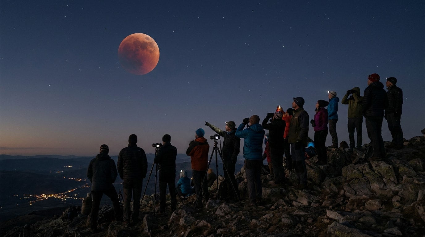 Travellers watching a reddish lunar eclipse from a dark mountain viewpoint