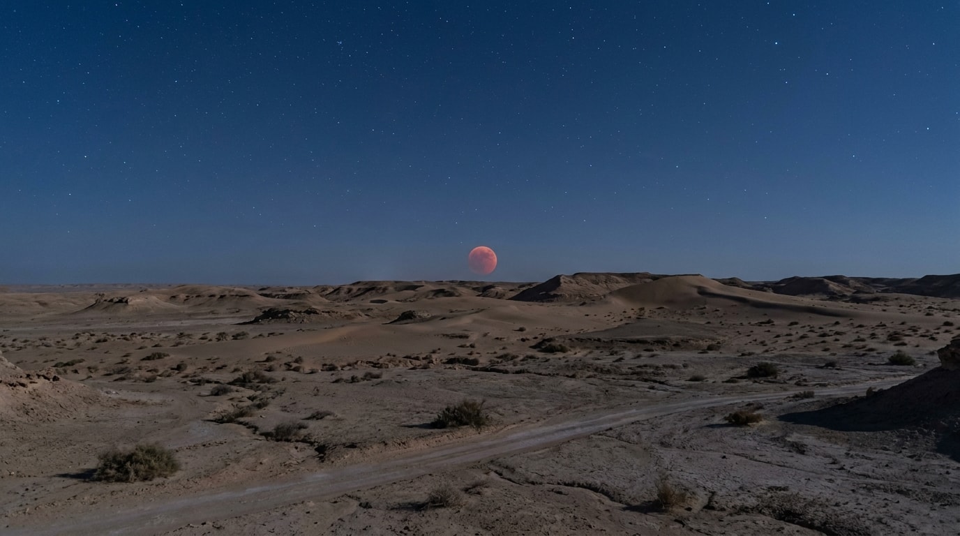 A reddish moon above a quiet desert landscape under a clear night sky