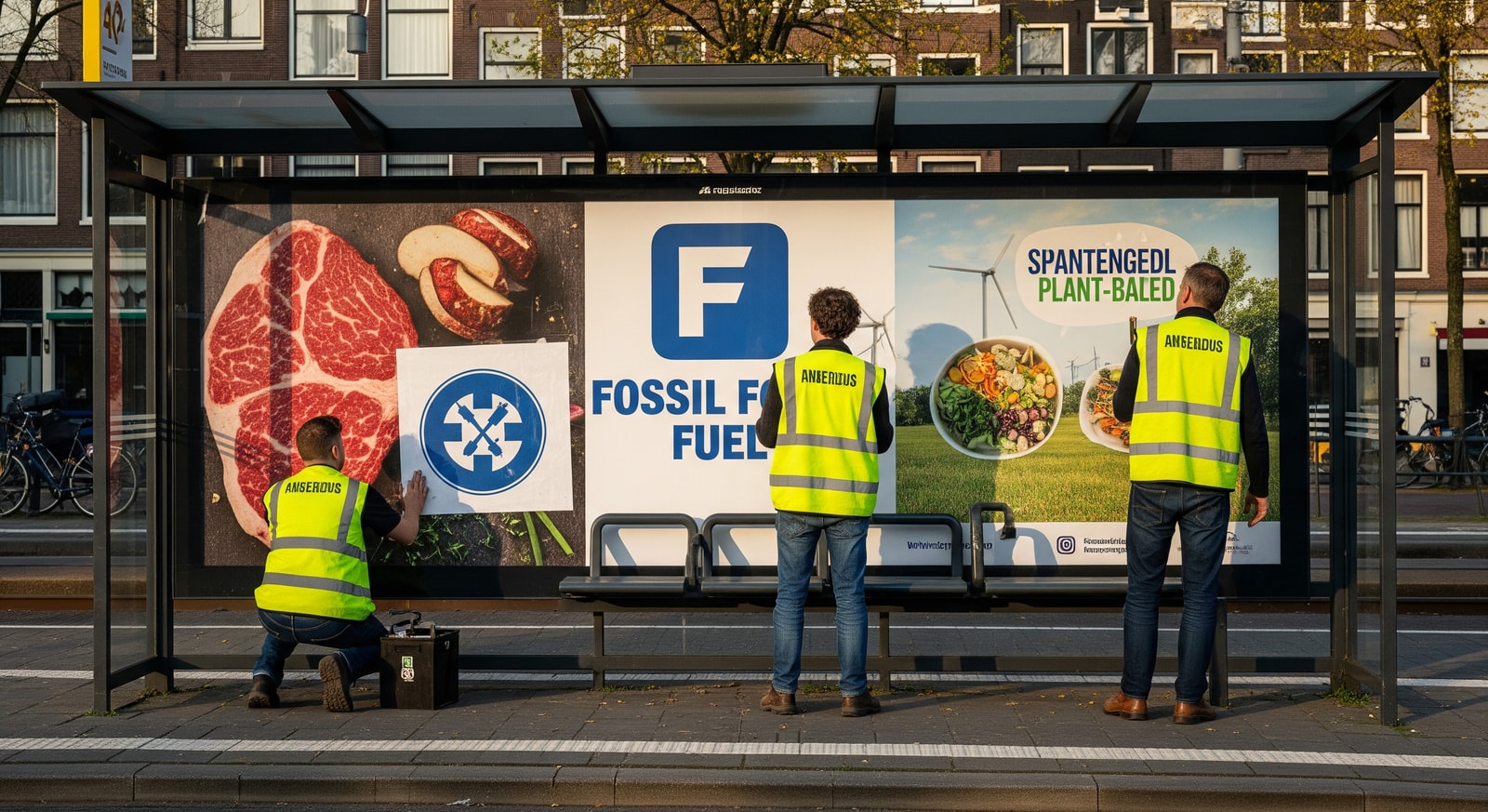 Public advertising on an Amsterdam tram stop being replaced, illustrating the city's move to remove fossil fuel and meat ads