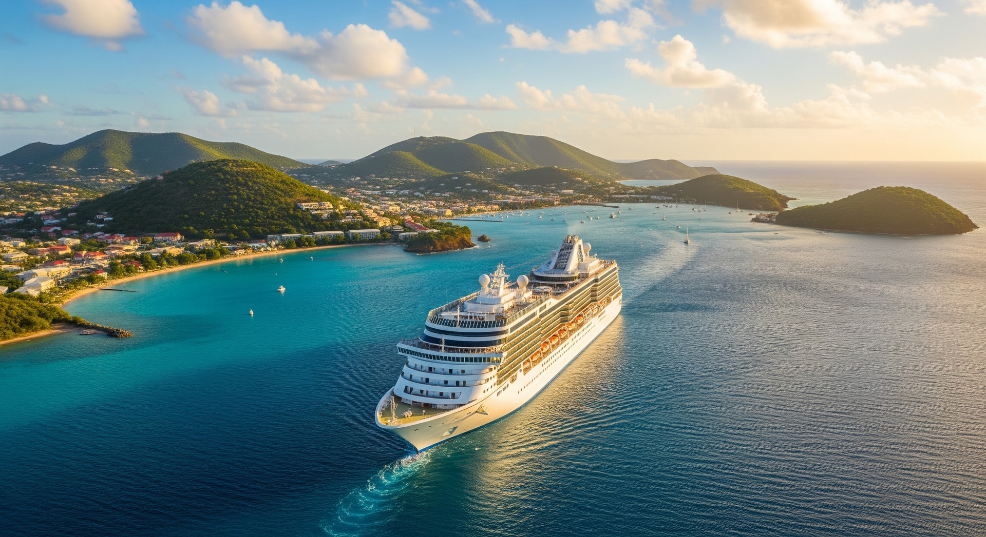 Cruise ship approaching Antigua harbor with island coastline in the background