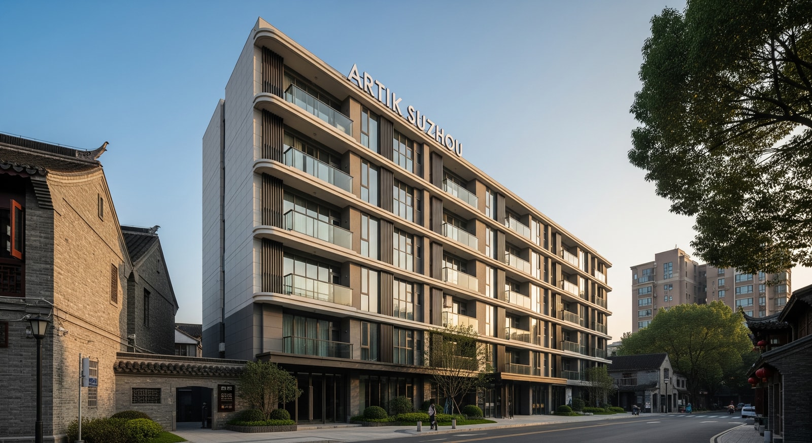 Artik Suzhou exterior showing modern apartment-style hotel in Gusu District, Suzhou