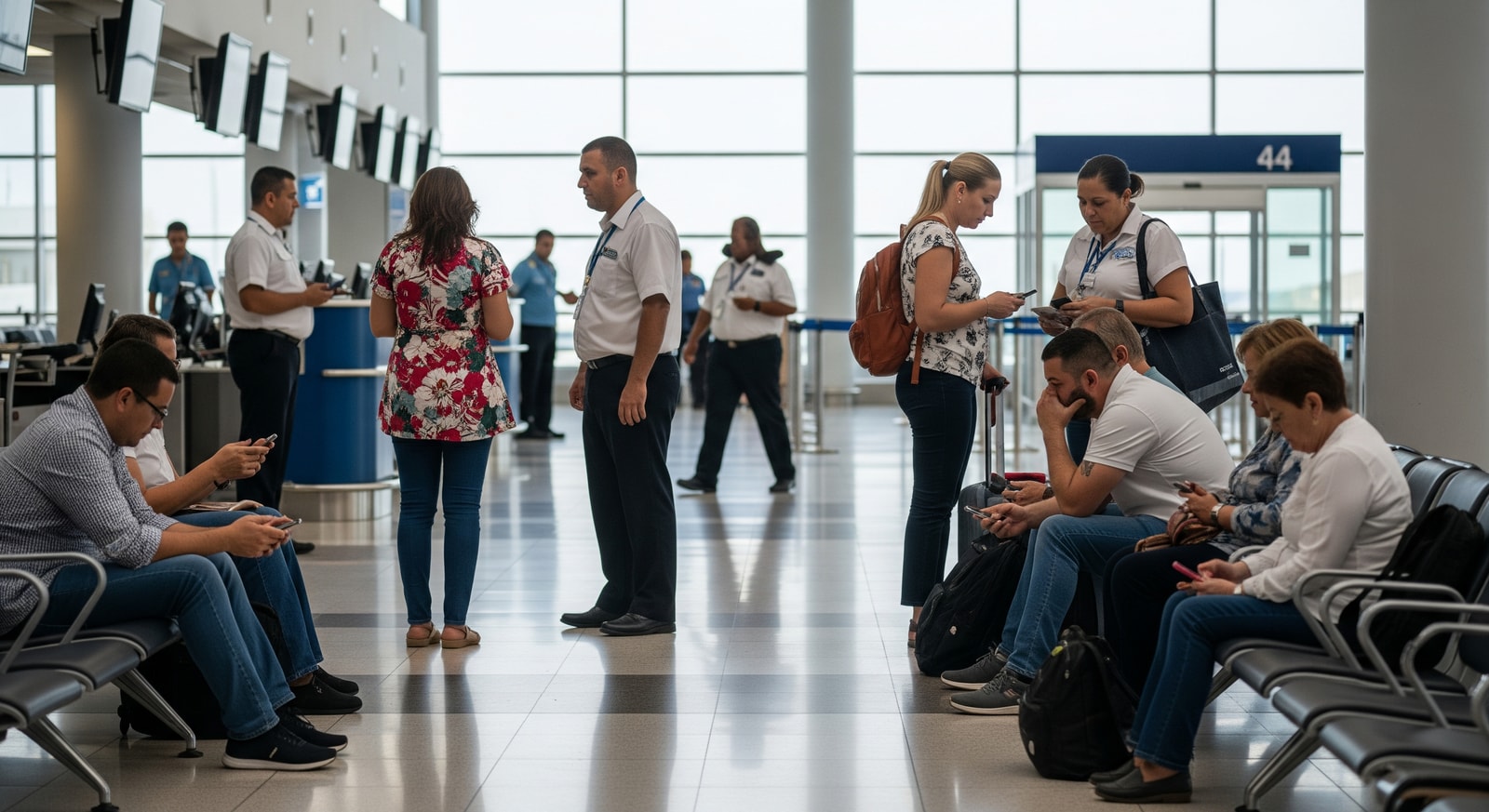 Passengers at Queen Beatrix International Airport during a security-related shutdown in Aruba