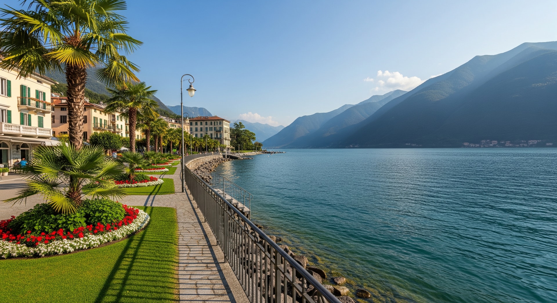 Lake Maggiore shoreline and palm-lined promenade in Ascona, Switzerland